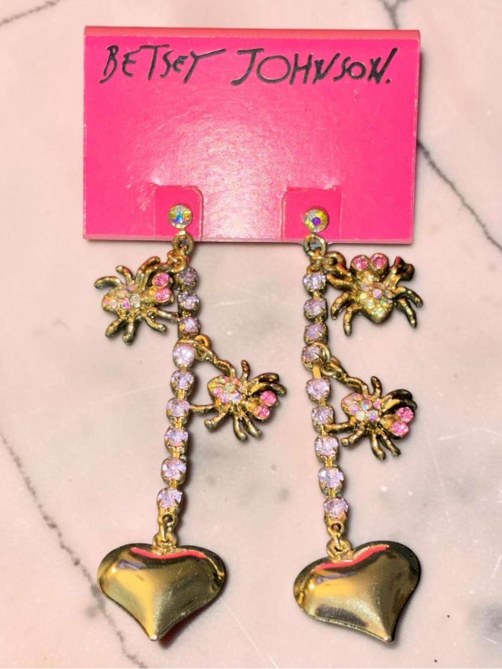 BETSEY JOHNSON Vintage Halloween Crystal Spiders & Heart Dangle Earrings NEW NWT